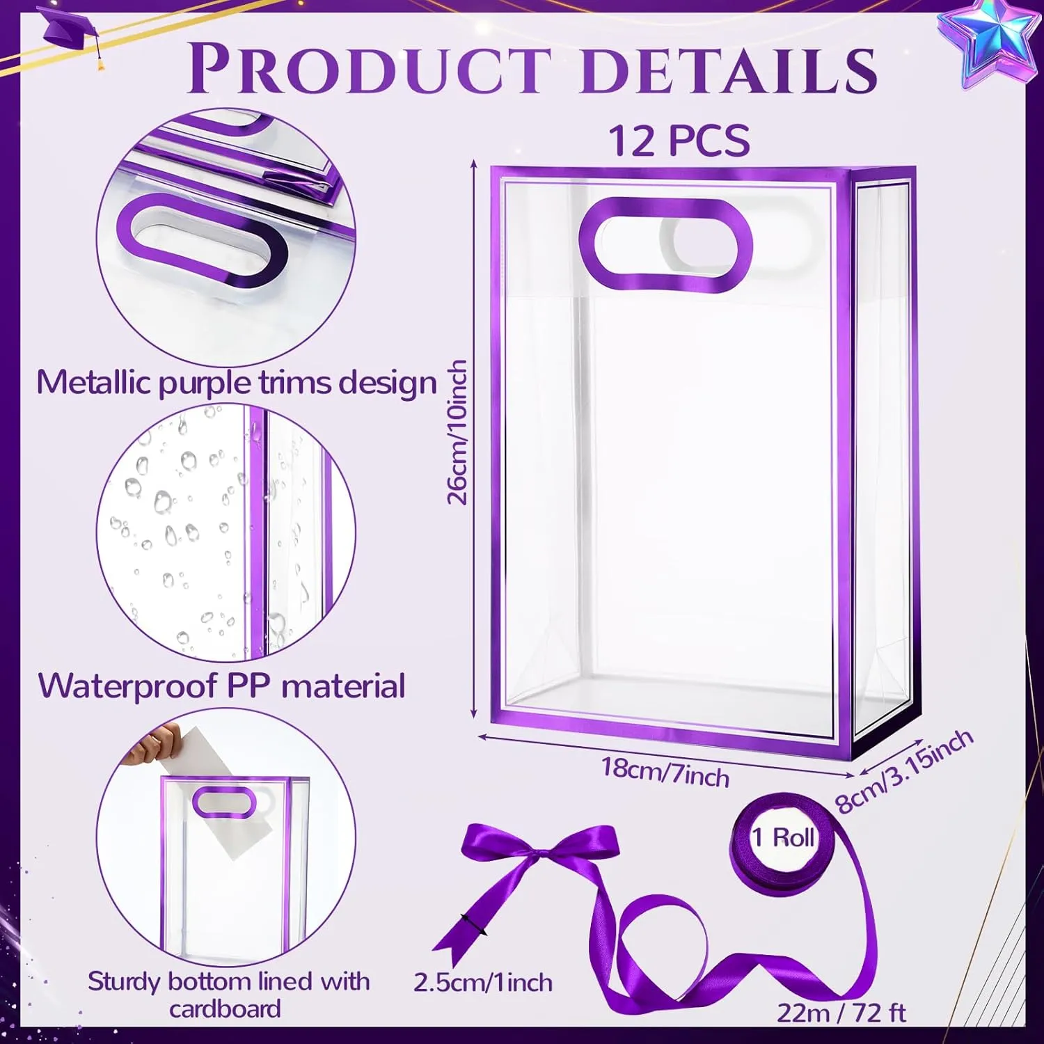 Aliceset 12 Pcs Clear Plastic Gift Bag with Die Cut Handles Graduation Reusable PP Flower Bag with Ribbon for Wedding Bridal Birthday Baby Shower Party Business, 7x10x3.15 Inch(Purple)