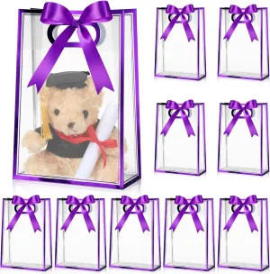Aliceset 12 Pcs Clear Plastic Gift Bag with Die Cut Handles Graduation Reusable PP Flower Bag with Ribbon for Wedding Bridal Birthday Baby Shower Party Business, 7x10x3.15 Inch(Purple)