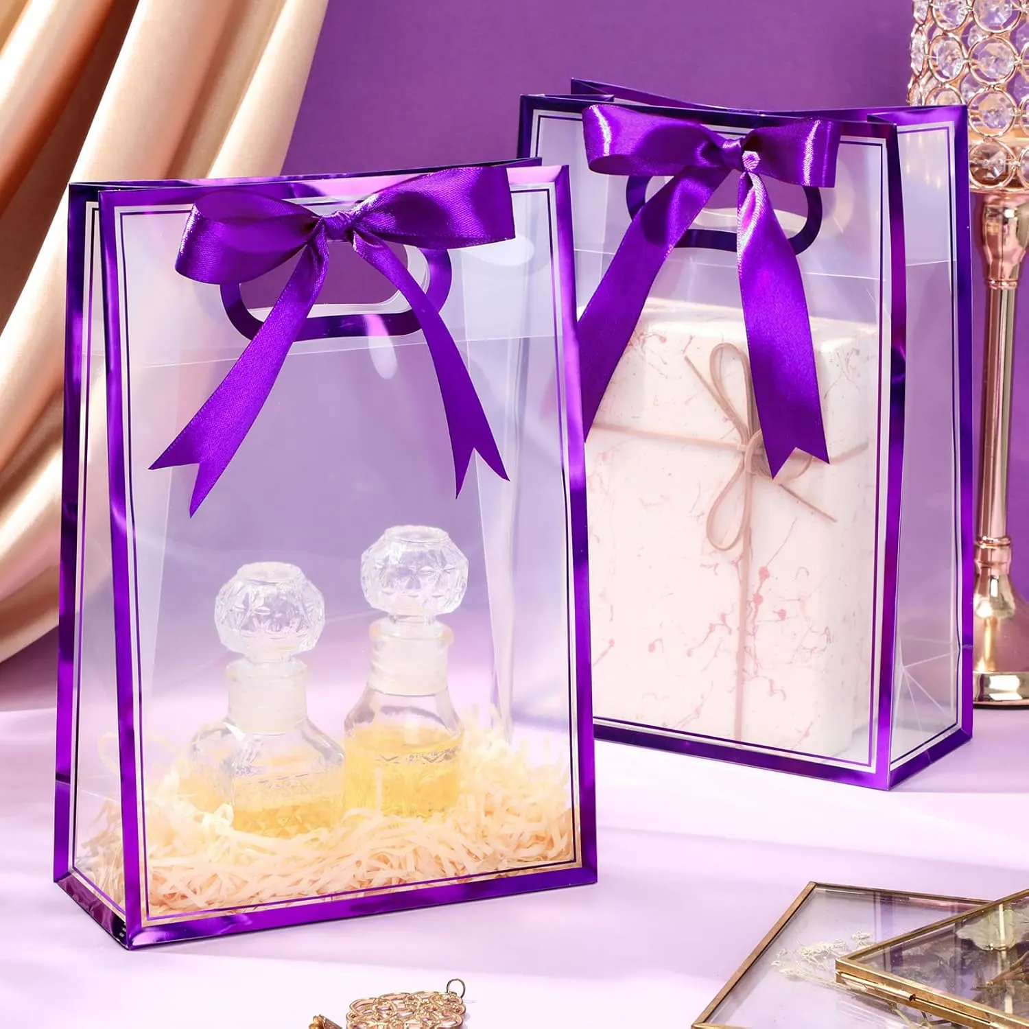 Aliceset 12 Pcs Clear Plastic Gift Bag with Die Cut Handles Graduation Reusable PP Flower Bag with Ribbon for Wedding Bridal Birthday Baby Shower Party Business, 7x10x3.15 Inch(Purple)