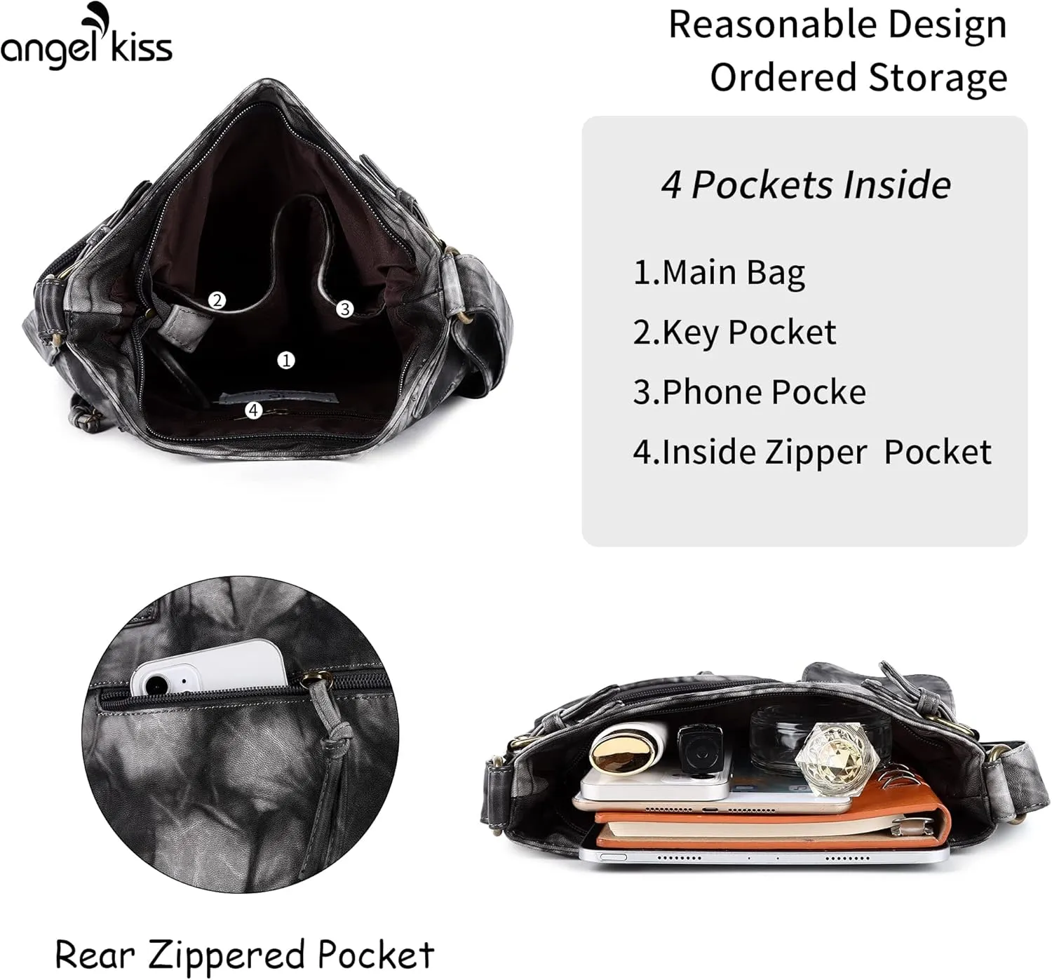 Angel Kiss Crossbody Bags for Women Washed Leather Shoulder Bags Multi Pocket Soft Hobo Purses and Medium Handbags
