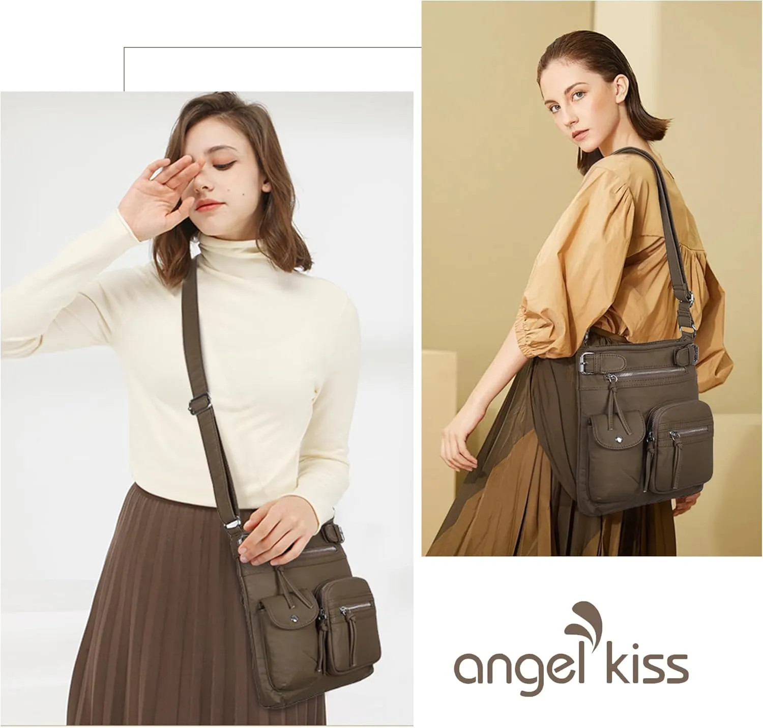 Angel Kiss Crossbody Bags for Women Washed Leather Shoulder Bags Multi Pocket Soft Hobo Purses and Medium Handbags