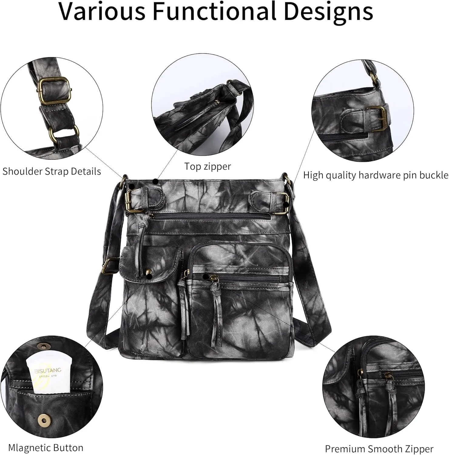 Angel Kiss Crossbody Bags for Women Washed Leather Shoulder Bags Multi Pocket Soft Hobo Purses and Medium Handbags