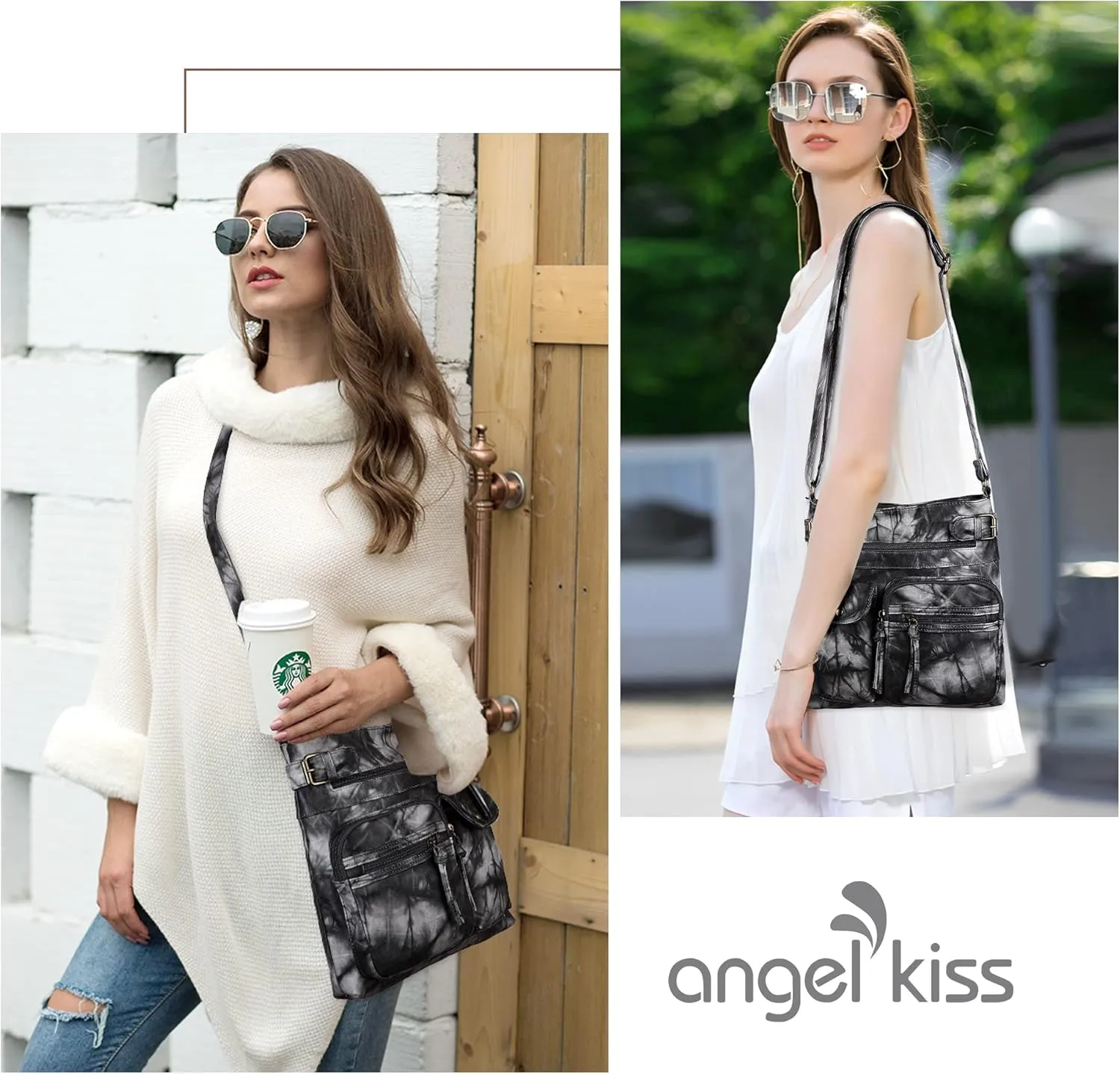 Angel Kiss Crossbody Bags for Women Washed Leather Shoulder Bags Multi Pocket Soft Hobo Purses and Medium Handbags