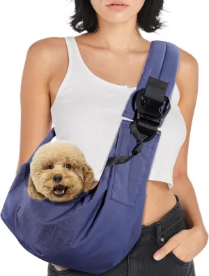 Avont Dog Sling for Small Dog Cats Under 15lbs, Hands-Free Crossbody Pet Carrier with Adjustable Padded Strap Extra Pocket, Safe Soft Pouch Bag for Puppies' Walks Outings -Denimblue