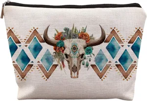 Aztec Makeup Bag, Ethnic Western Southwestern Aztec Navajo Cosmetic Bag for Women, Cow Makeup Bag, Western Gifts for Women, Geometric Wood Art Makeup Pouch