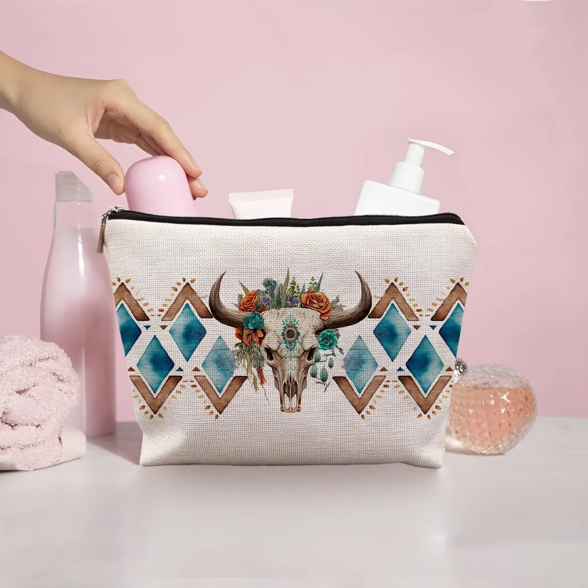 Aztec Makeup Bag, Ethnic Western Southwestern Aztec Navajo Cosmetic Bag for Women, Cow Makeup Bag, Western Gifts for Women, Geometric Wood Art Makeup Pouch