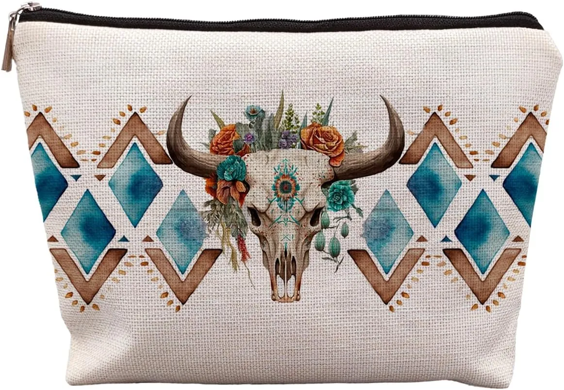 Aztec Makeup Bag, Ethnic Western Southwestern Aztec Navajo Cosmetic Bag for Women, Cow Makeup Bag, Western Gifts for Women, Geometric Wood Art Makeup Pouch