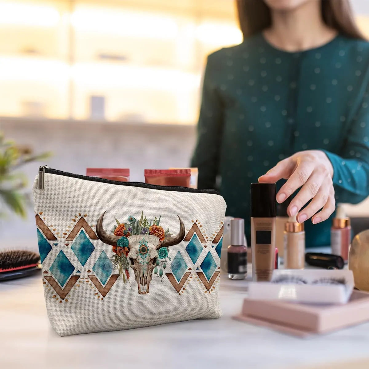 Aztec Makeup Bag, Ethnic Western Southwestern Aztec Navajo Cosmetic Bag for Women, Cow Makeup Bag, Western Gifts for Women, Geometric Wood Art Makeup Pouch
