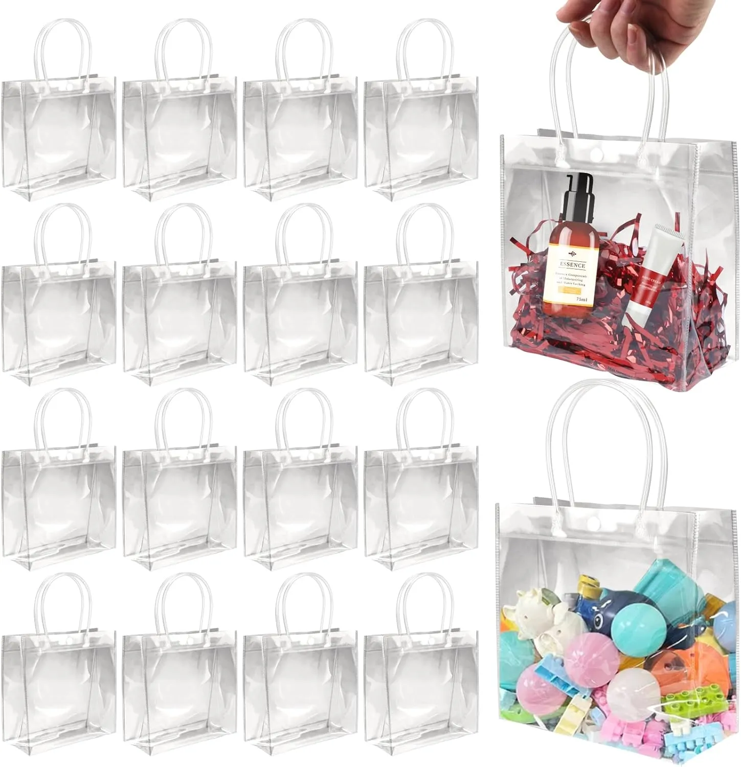 BadenBach 16 PCS Small Clear Gift Bags with Handle,6.89" x 6.89" x 3.54",Transparent Plastic Gift Wrap Bags Bulk Reusable Clear Party Favor Goodie Bag for Boutique Wedding Birthday Party Mother's Day