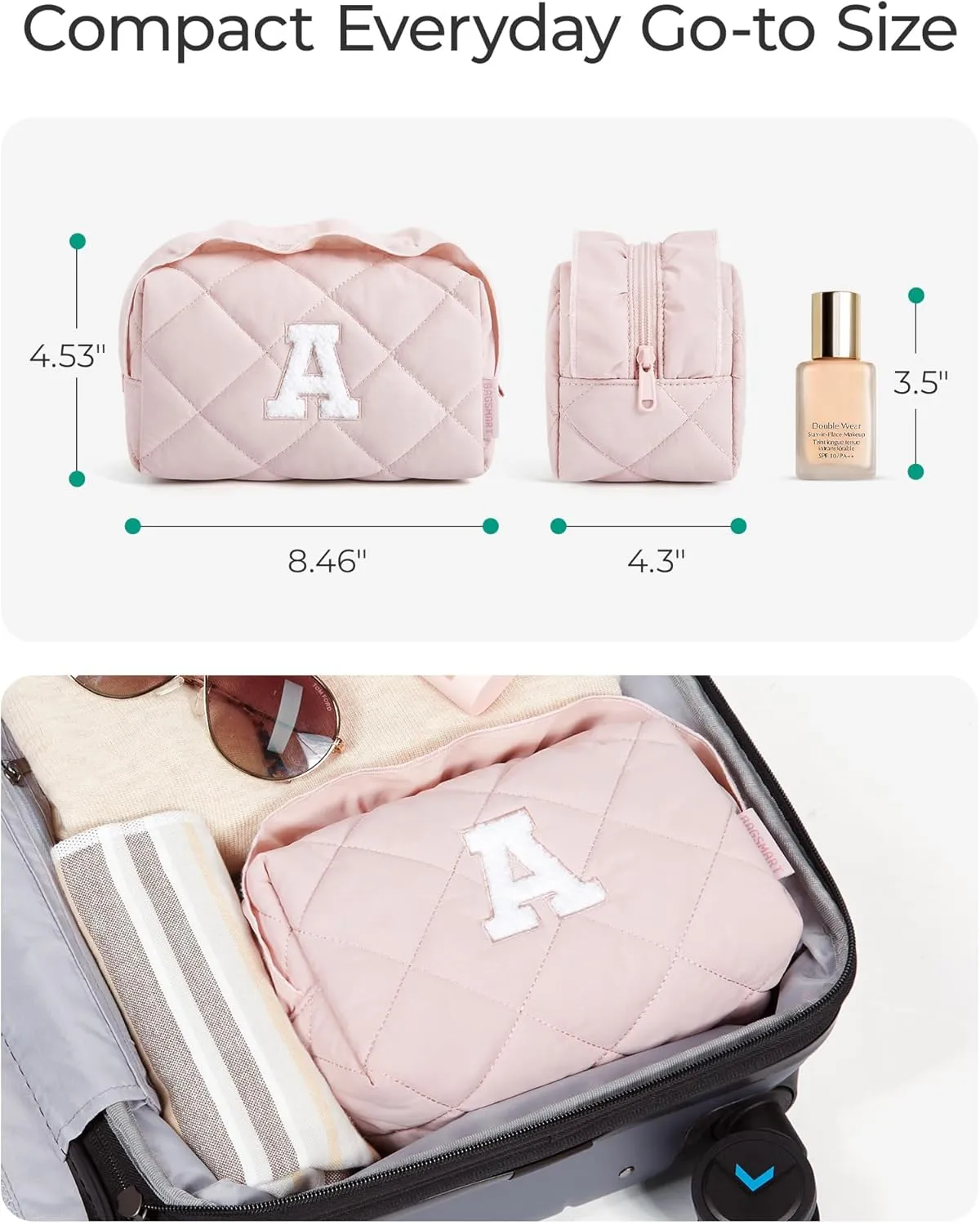 BAGSMART Small Makeup Bag, Travel Personalized Initial Cosmetic Bags for Women, Pink Makeup Pouch, Make up Organizer Case, Puffy Pouch Purse, Travel Essentials, Toiletries Accessories Brushes(A, Pink)