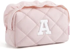 BAGSMART Small Makeup Bag, Travel Personalized Initial Cosmetic Bags for Women, Pink Makeup Pouch, Make up Organizer Case, Puffy Pouch Purse, Travel Essentials, Toiletries Accessories Brushes(A, Pink)
