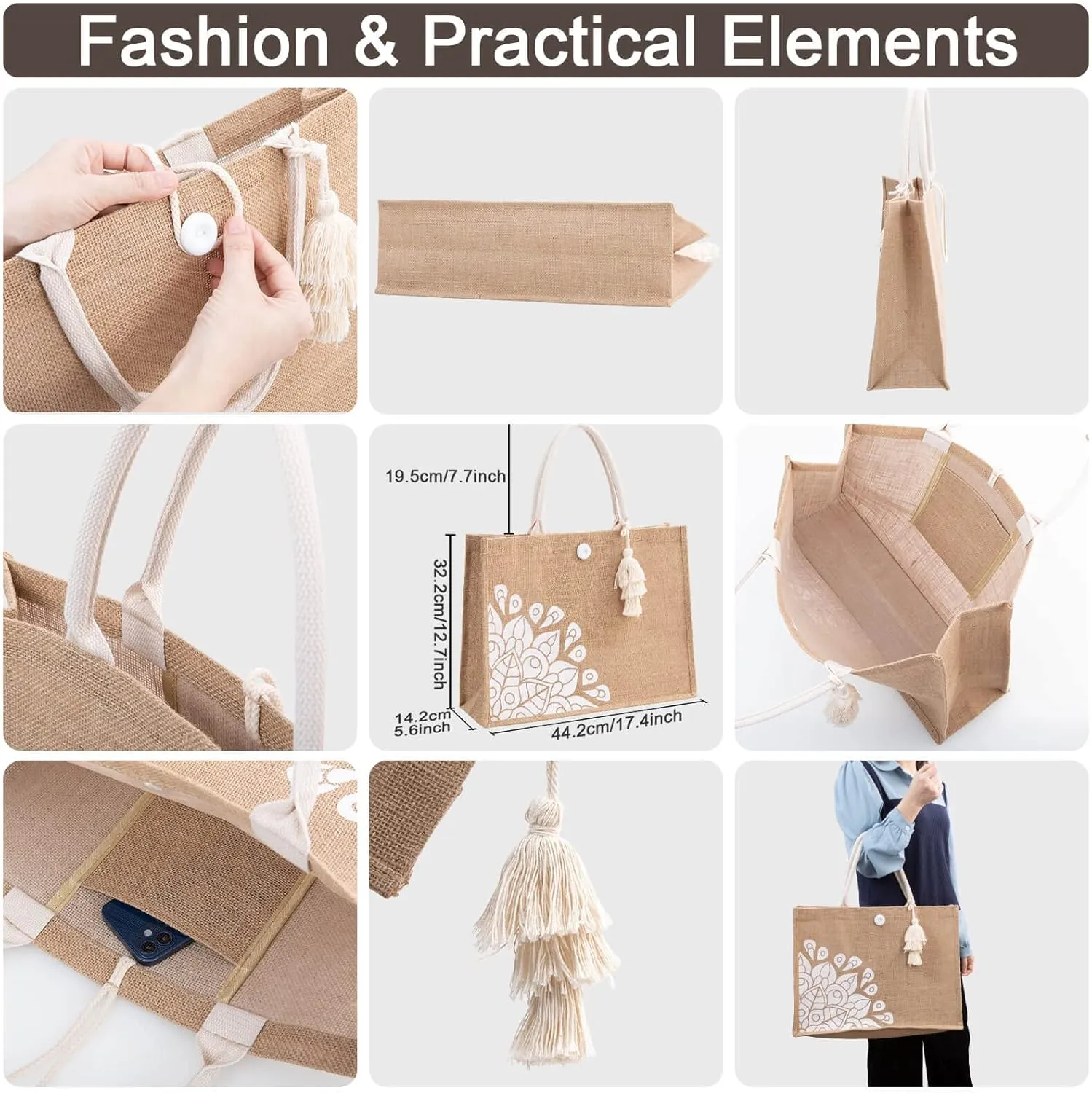 Beach Bag for Women, Straw Beach Tote Bag with Pocket Tassel Handle Waterproof Lining, for Summer Vacation Pool Gift