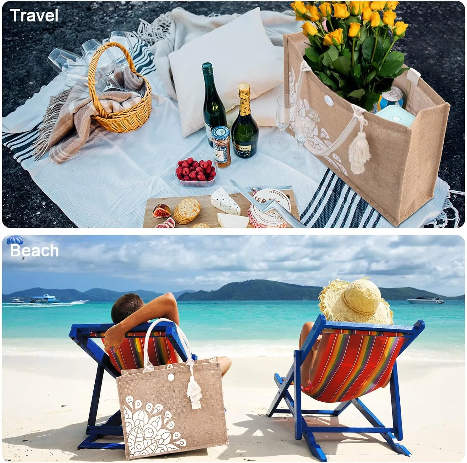 Beach Bag for Women, Straw Beach Tote Bag with Pocket Tassel Handle Waterproof Lining, for Summer Vacation Pool Gift