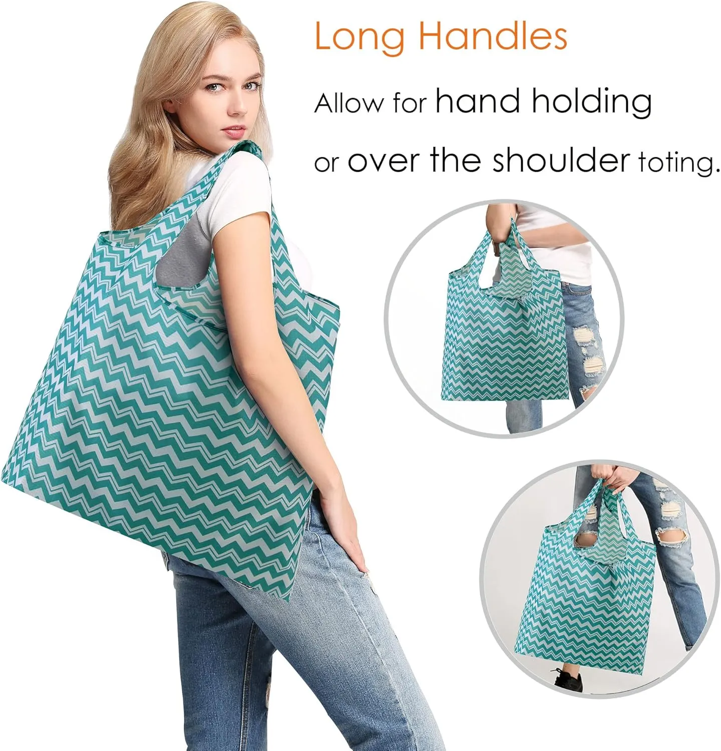BeeGreen Chevron Reusable Shopping Bags Foldable 2 Pack Ripstop, Geometric Reusable Grocery Bags Extra Large 50LBS Heavy Duty,Machine Washable Reusable Bags for Kitchen