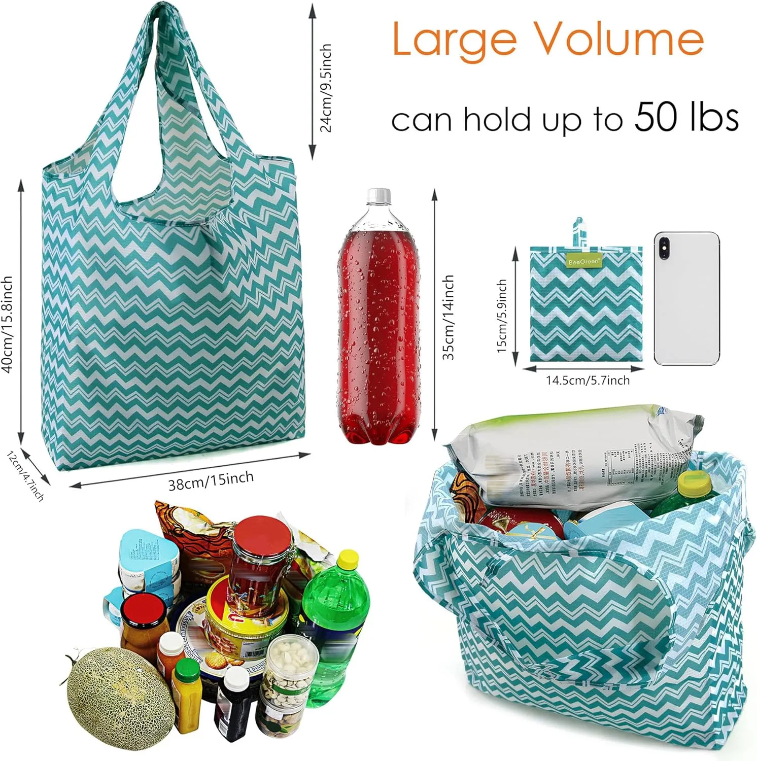 BeeGreen Chevron Reusable Shopping Bags Foldable 2 Pack Ripstop, Geometric Reusable Grocery Bags Extra Large 50LBS Heavy Duty,Machine Washable Reusable Bags for Kitchen