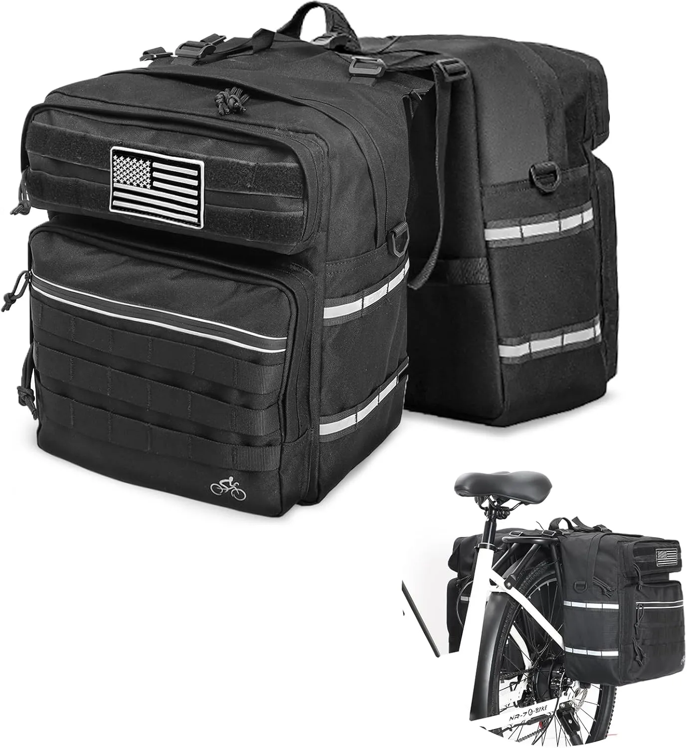 Bike Panniers Bag 50L Bicycle Panniers for Rear Rack with Waterproof Rain Cover, Ebike Saddle Bags, Bike Rack Bag, Saddlebags for Bikes, Black Large Capacity Reflective Strip
