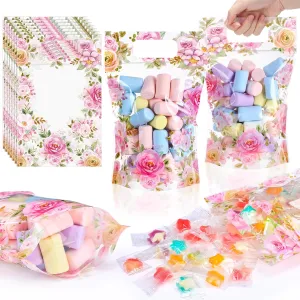 Blosssound 50 Pcs Mothers Day Gift Bags Plastic Floral Bags Clear Flower Sealed Pouches with Handles Vintage Tea Party Pouches for Tea Flower Birthday Party Candy Gift Wrapping Supplies Decor (Floral)