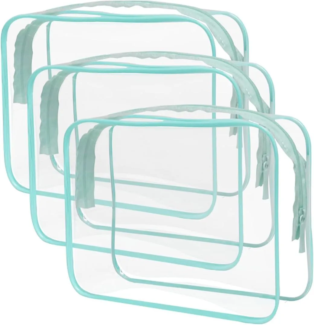 Buminee Clear Travel Bags for Toiletries, Single Zipper Clear Makeup Bags, Clear Cosmetic Bags, 6.3""x1.77""x5.1"" Plastic Toiletry Bag, Clear Pouch, Cosmetic Bag for Women and Men-3 Pack Blue