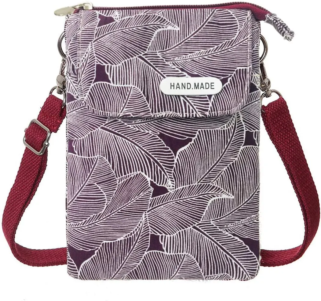 Canvas Cute Crossbody Bags for Women Mini Shoulder Handbag Cell Phone Purse Wallet Leaves Pattern Coin Pouch
