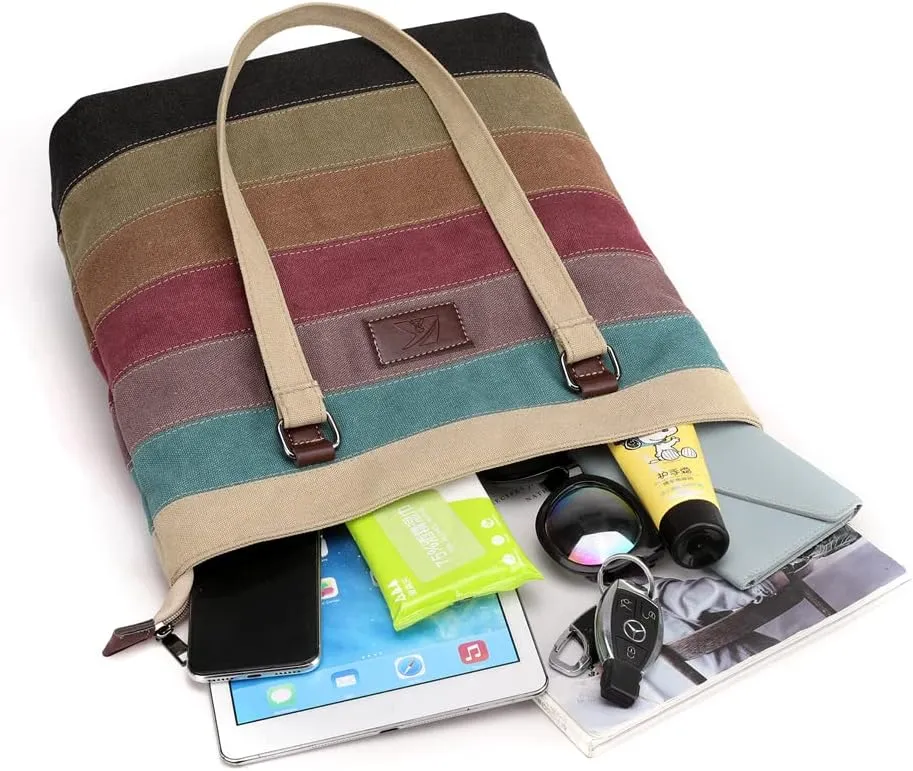 Canvas Handbag Multi-Color Striped Lattice Cross Body Shoulder Purse Bag Tote-Handbag for Women