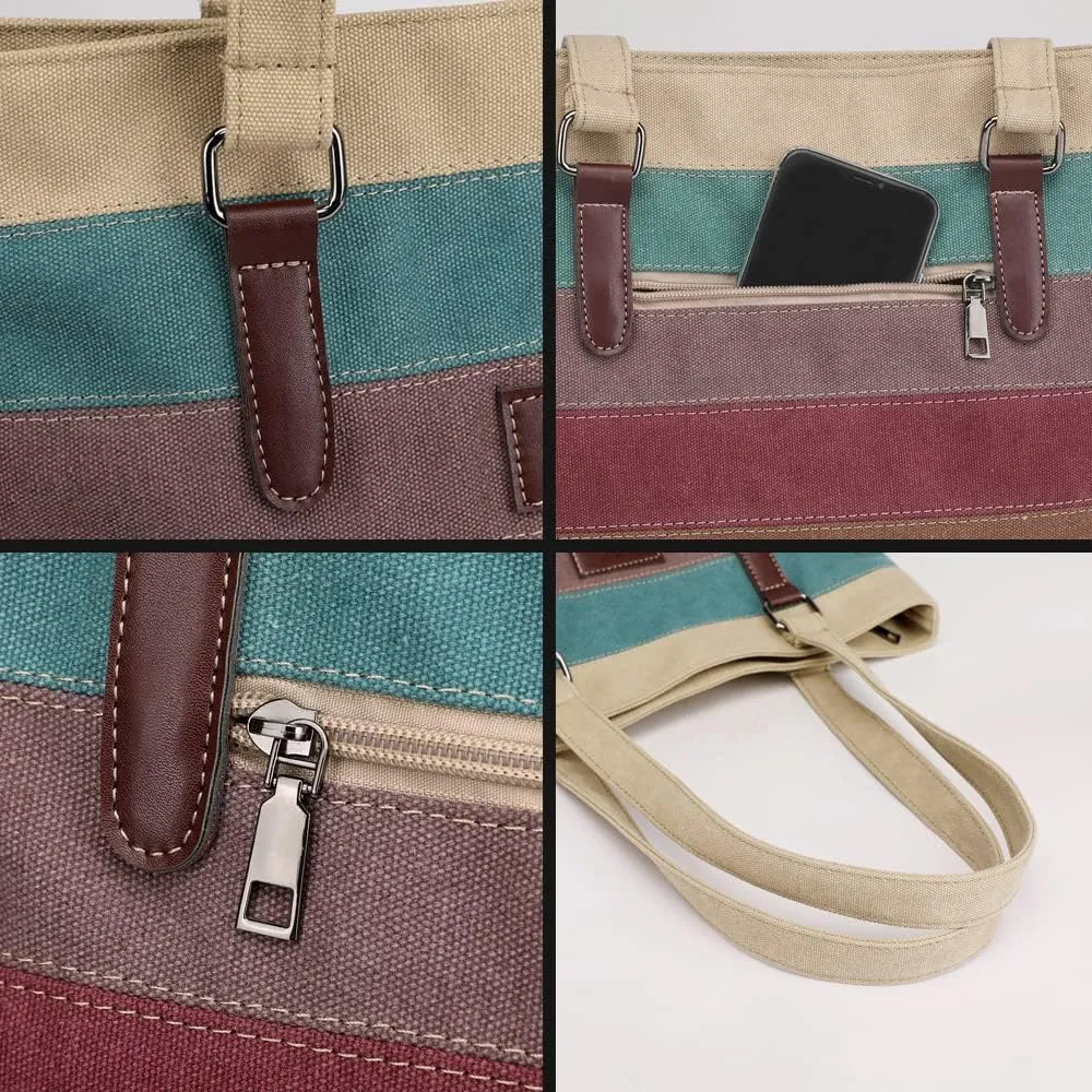 Canvas Handbag Multi-Color Striped Lattice Cross Body Shoulder Purse Bag Tote-Handbag for Women