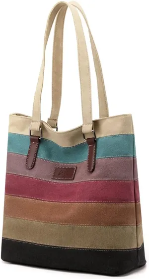 Canvas Handbag Multi-Color Striped Lattice Cross Body Shoulder Purse Bag Tote-Handbag for Women
