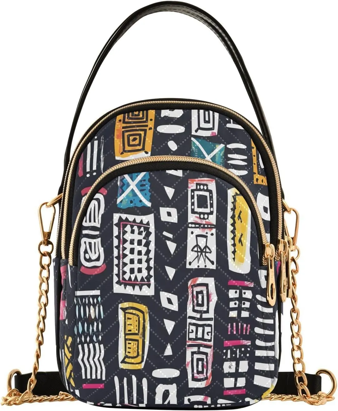 Chain Crossbody Bags for Women African Geometric Print Pattern Quilted Shoulder Handbags Travel Cross Body Cell Phone Purses Bags