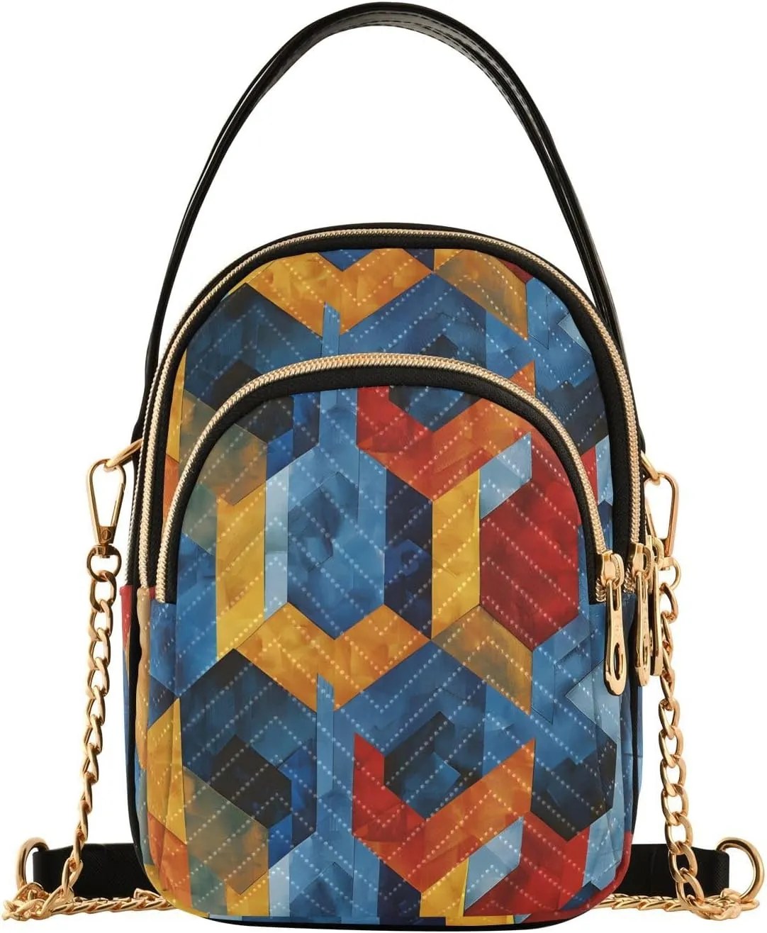 Chain Crossbody Bags for Women Geometric Pattern Orange Blue Quilted Shoulder Handbags Travel Cross Body Cell Phone Purses Bags