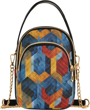 Chain Crossbody Bags for Women Geometric Pattern Orange Blue Quilted Shoulder Handbags Travel Cross Body Cell Phone Purses Bags