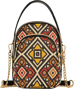 Chain Crossbody Bags for Women Geometric Tribal Pattern Brown Quilted Shoulder Handbags Travel Cross Body Cell Phone Purses Bags