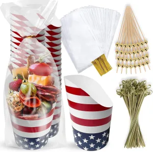 Charcuterie Cups With Sticks - [50 Cups   200 Picks   50 Bags & Ties] -14 oz Kraft Charcuterie Cups with Cocktail Picks (3 Types) - Disposable Paper Appetizer Cups - Popcorn Boxes - French Fry Holder