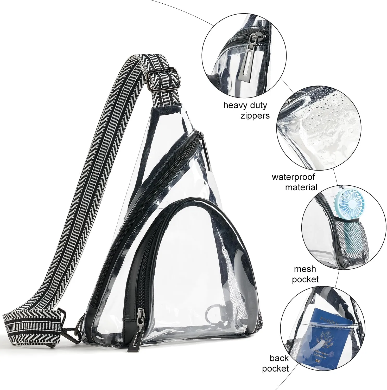 Clear bags Stadium Approved Crossbody Sling Bag Fanny Pack Backpack Purses for Women Men Handbag for Stadium Events Black