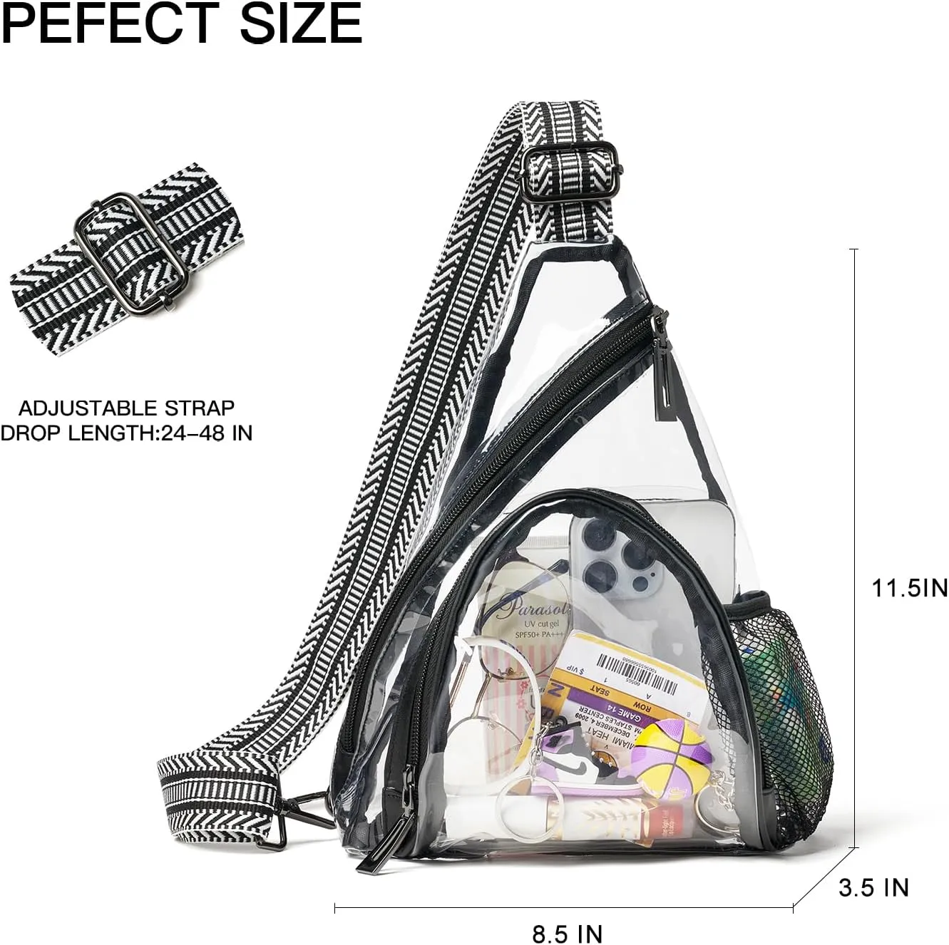 Clear bags Stadium Approved Crossbody Sling Bag Fanny Pack Backpack Purses for Women Men Handbag for Stadium Events Black