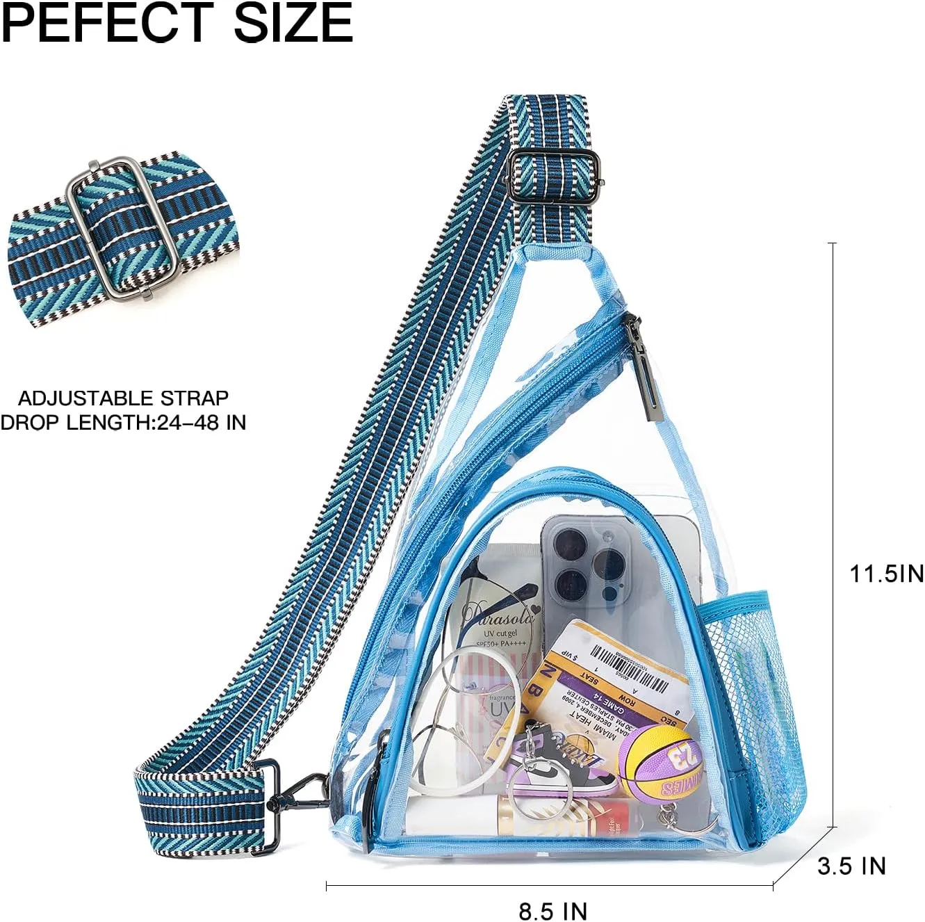 Clear bags Stadium Approved Crossbody Sling Bag Fanny Pack Backpack Purses for Women Men Handbag for Stadium Events Blue