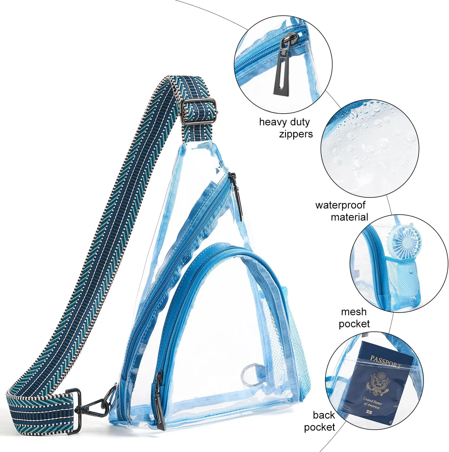 Clear bags Stadium Approved Crossbody Sling Bag Fanny Pack Backpack Purses for Women Men Handbag for Stadium Events Blue