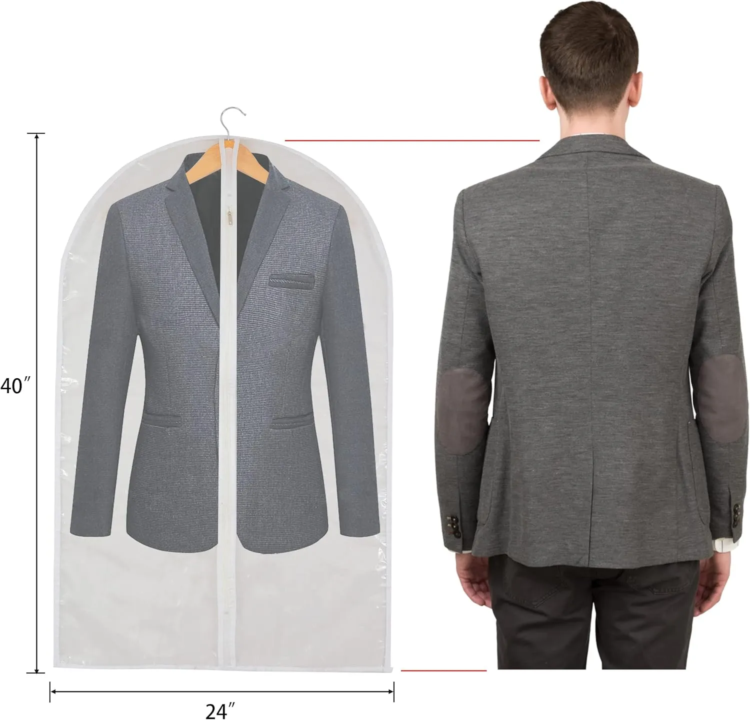 Clear Garment Bag Suit Bags for Closet Storage, Vinyl Garment Bags for Hanging Clothes, Coat Covers for Closet with Zipper and Plastic Garment Bags for Hanging Clothes - 24'' X 40''/12 Pack