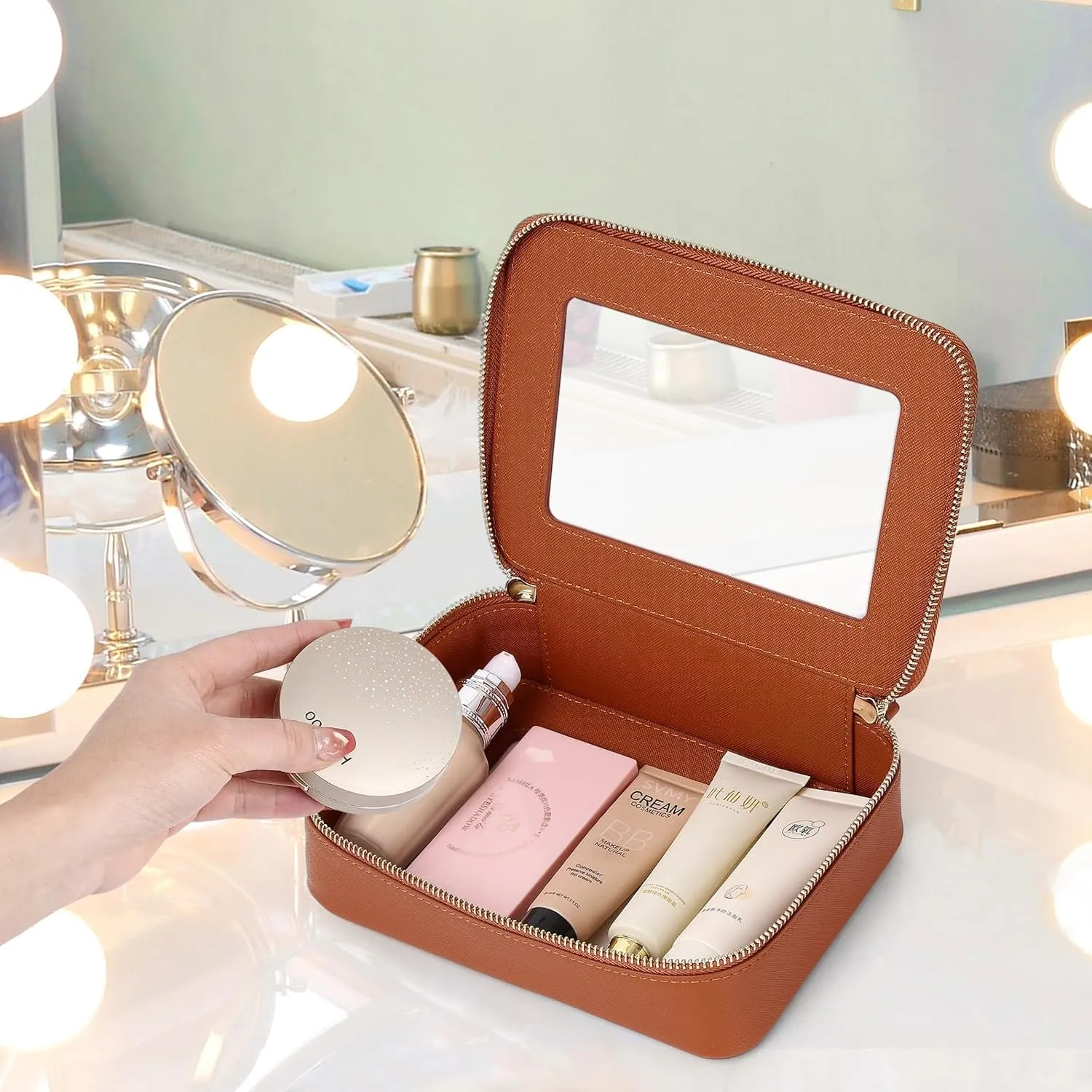 Clear Makeup Bag Women's Waterproof Travel Cosmetic Case and Toiletry Bag Portable Makeup Organizer Bag for Car with Zipper (Brown, M)