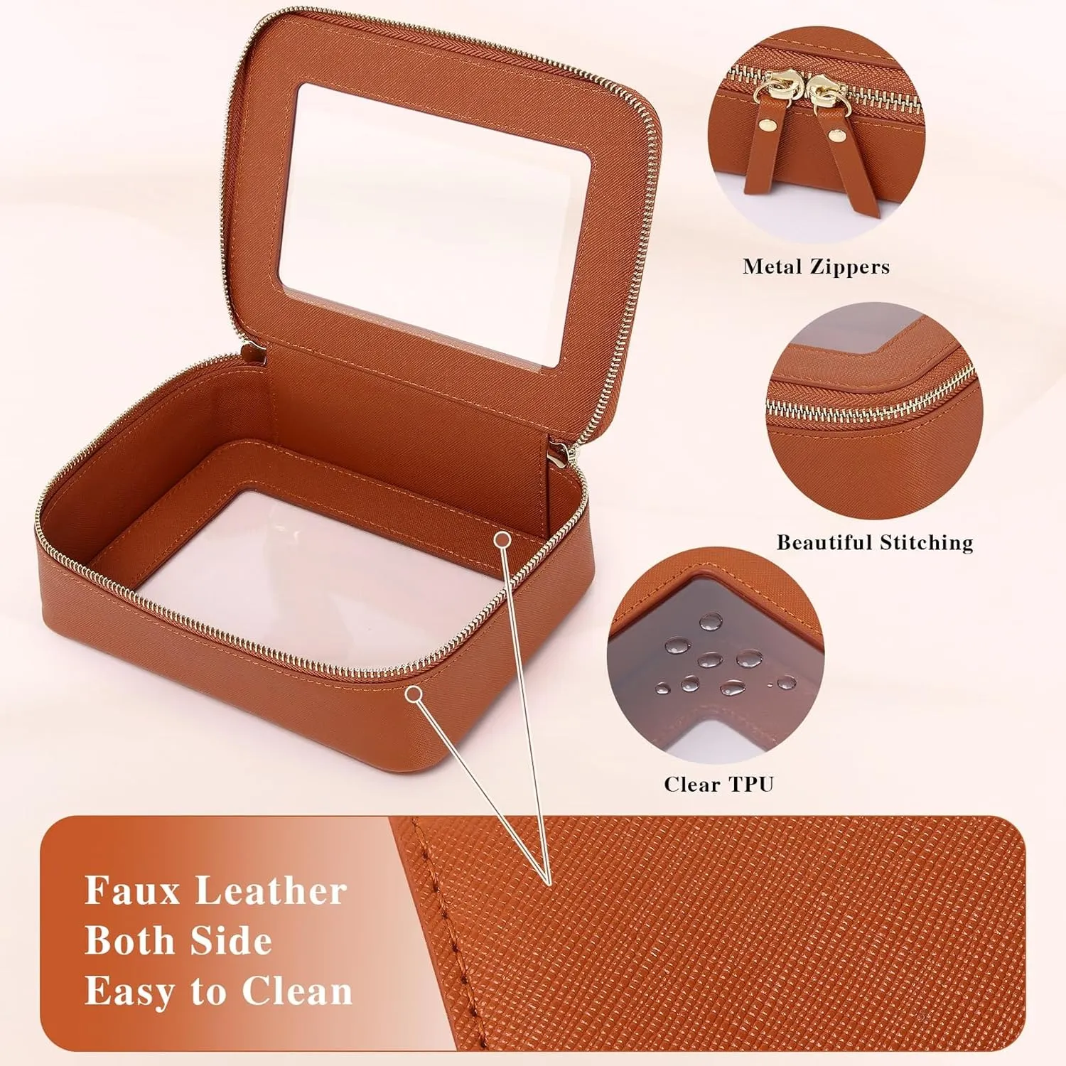 Clear Makeup Bag Women's Waterproof Travel Cosmetic Case and Toiletry Bag Portable Makeup Organizer Bag for Car with Zipper (Brown, M)