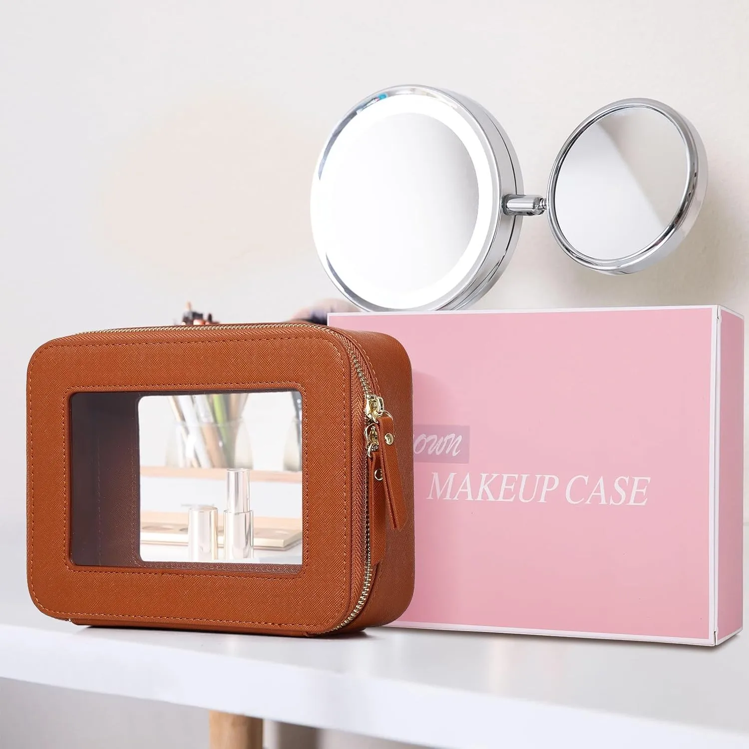 Clear Makeup Bag Women's Waterproof Travel Cosmetic Case and Toiletry Bag Portable Makeup Organizer Bag for Car with Zipper (Brown, M)