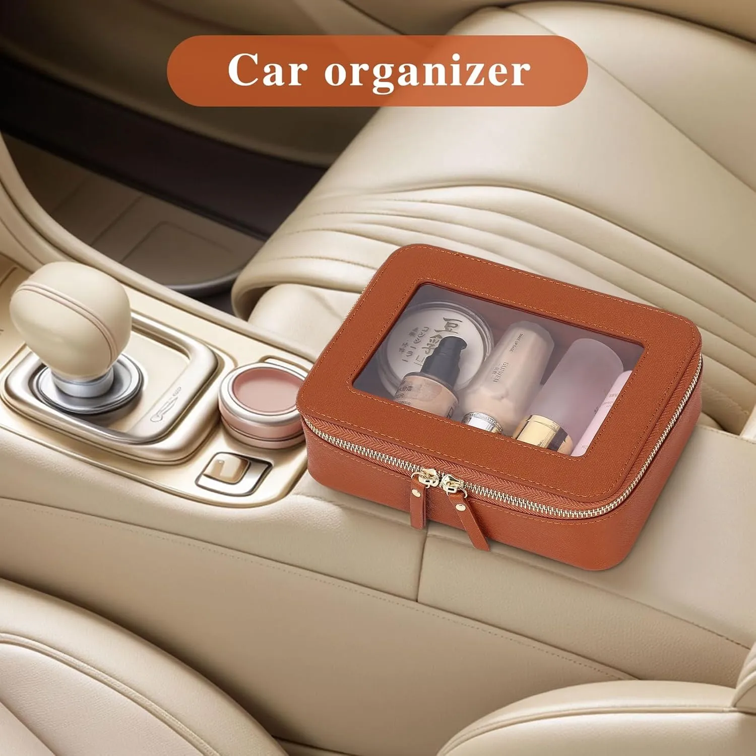 Clear Makeup Bag Women's Waterproof Travel Cosmetic Case and Toiletry Bag Portable Makeup Organizer Bag for Car with Zipper (Brown, M)
