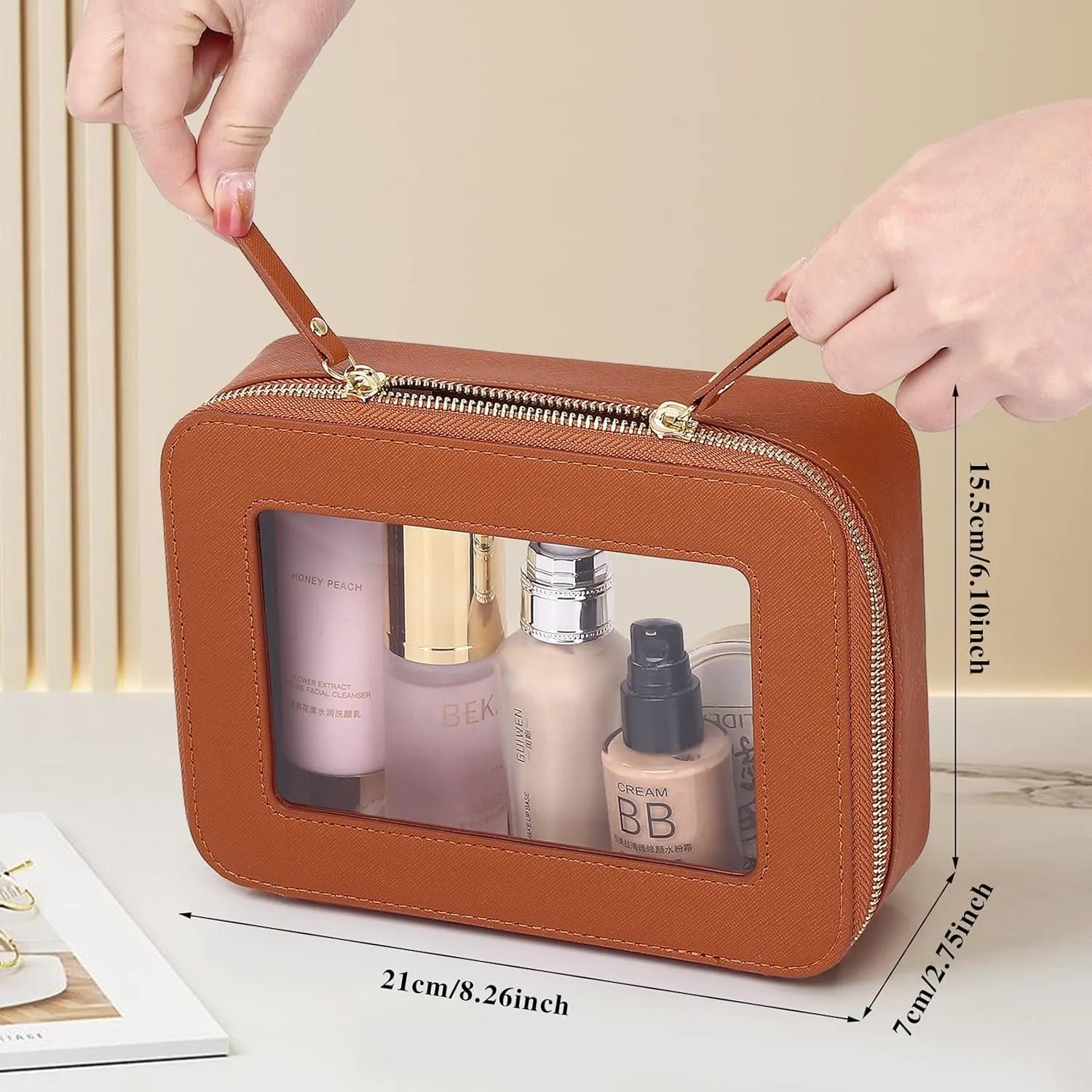 Clear Makeup Bag Women's Waterproof Travel Cosmetic Case and Toiletry Bag Portable Makeup Organizer Bag for Car with Zipper (Brown, M)