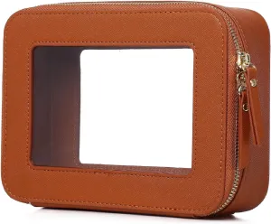 Clear Makeup Bag Women's Waterproof Travel Cosmetic Case and Toiletry Bag Portable Makeup Organizer Bag for Car with Zipper (Brown, M)