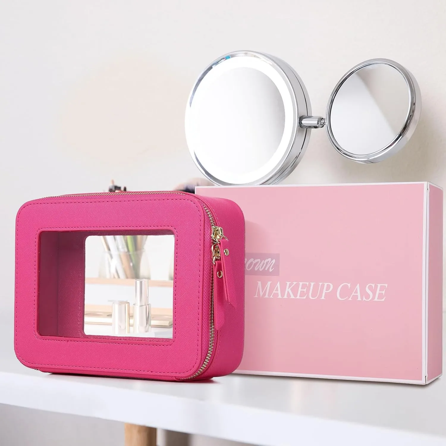 Clear Makeup Bag Women's Waterproof Travel Cosmetic Case and Toiletry Bag Portable Makeup Organizer Bag for Car with Zipper (Fuxia, M)