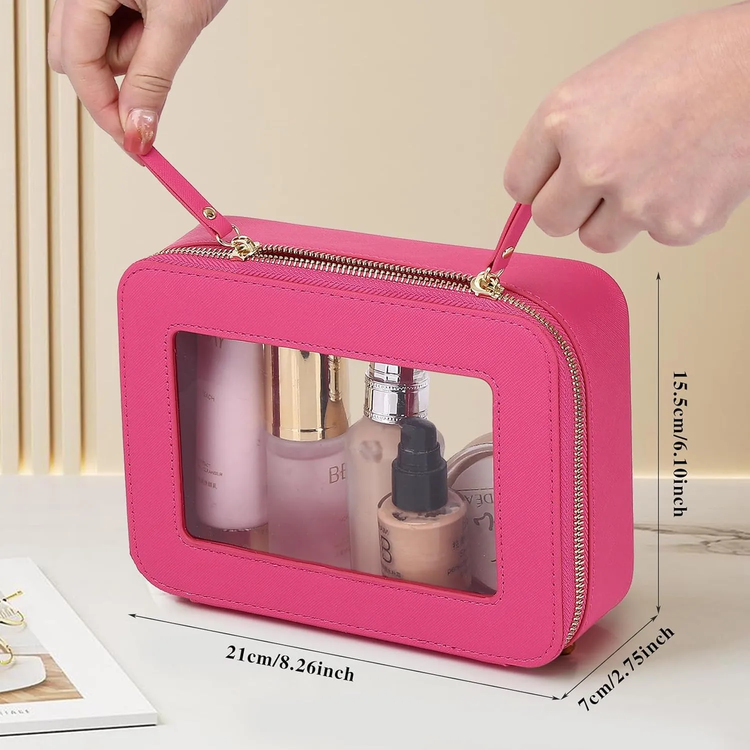 Clear Makeup Bag Women's Waterproof Travel Cosmetic Case and Toiletry Bag Portable Makeup Organizer Bag for Car with Zipper (Fuxia, M)