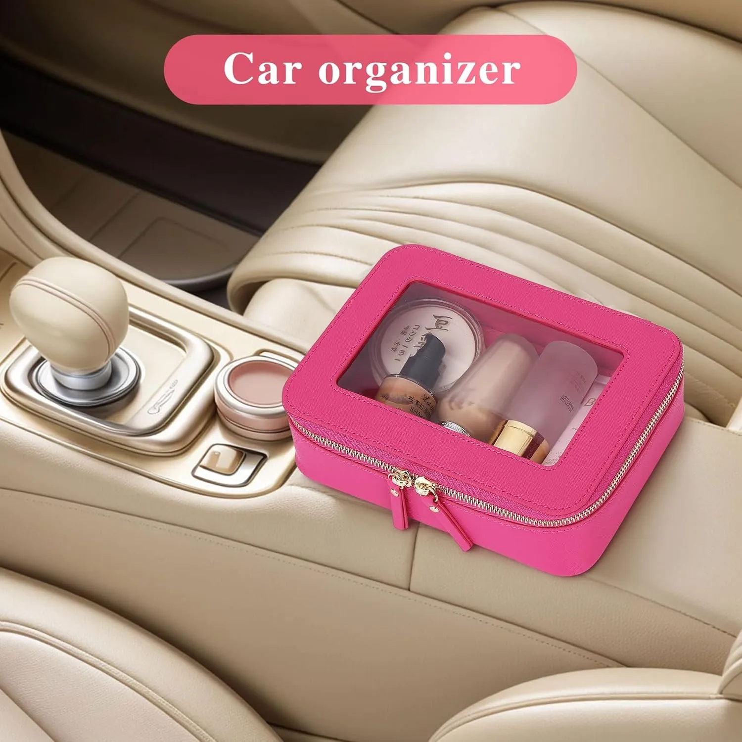 Clear Makeup Bag Women's Waterproof Travel Cosmetic Case and Toiletry Bag Portable Makeup Organizer Bag for Car with Zipper (Fuxia, M)