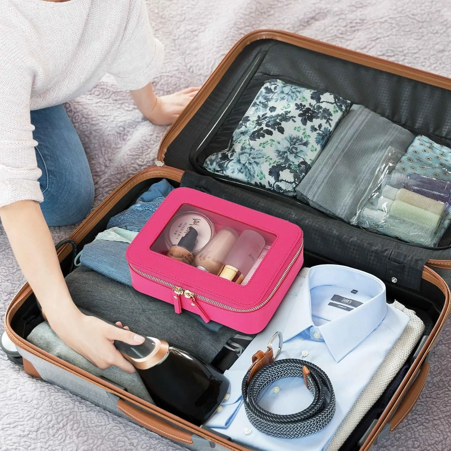 Clear Makeup Bag Women's Waterproof Travel Cosmetic Case and Toiletry Bag Portable Makeup Organizer Bag for Car with Zipper (Fuxia, M)