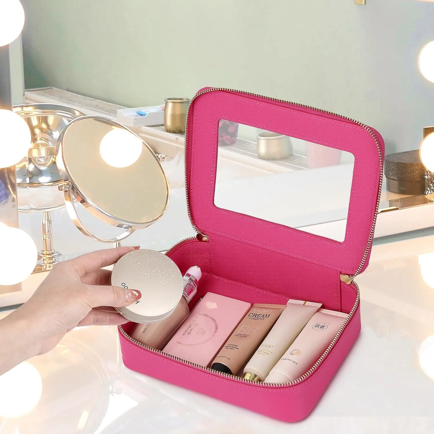 Clear Makeup Bag Women's Waterproof Travel Cosmetic Case and Toiletry Bag Portable Makeup Organizer Bag for Car with Zipper (Fuxia, M)