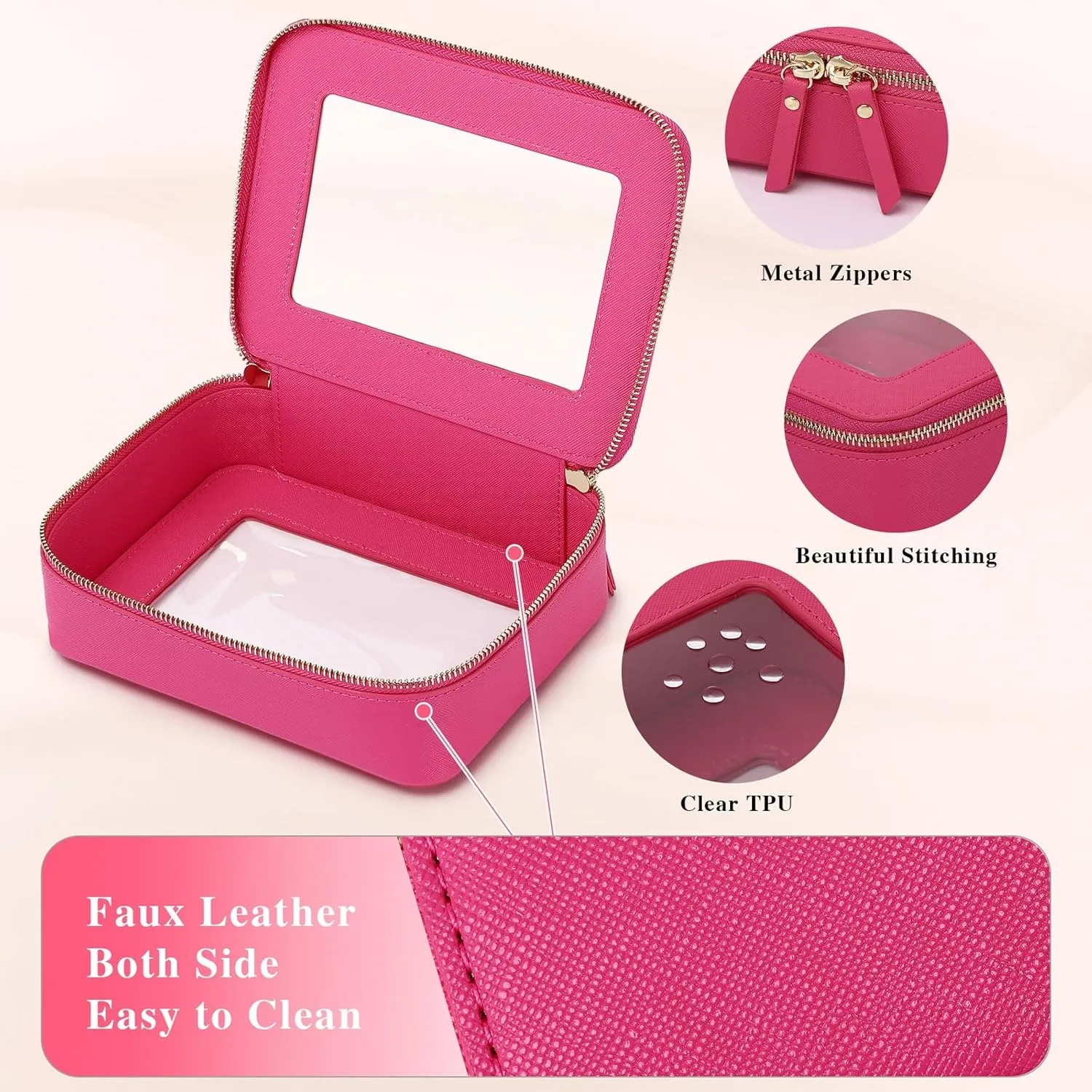 Clear Makeup Bag Women's Waterproof Travel Cosmetic Case and Toiletry Bag Portable Makeup Organizer Bag for Car with Zipper (Fuxia, M)