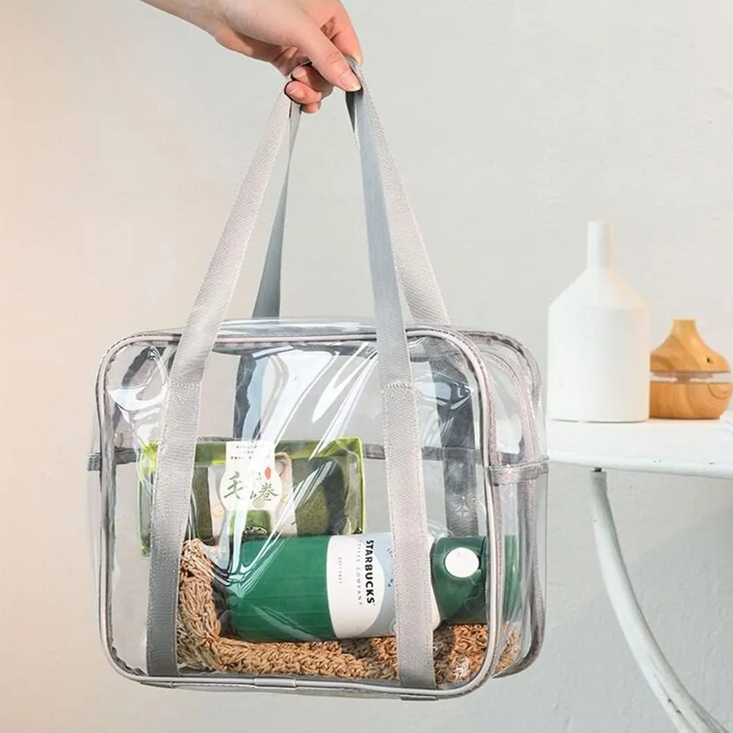 Clear Makeup Bags Large Travel Toiletry Bag for Women Transparent Bag Clear Cosmetic Bags with Handle Bathroom Organizer (Silver grey)