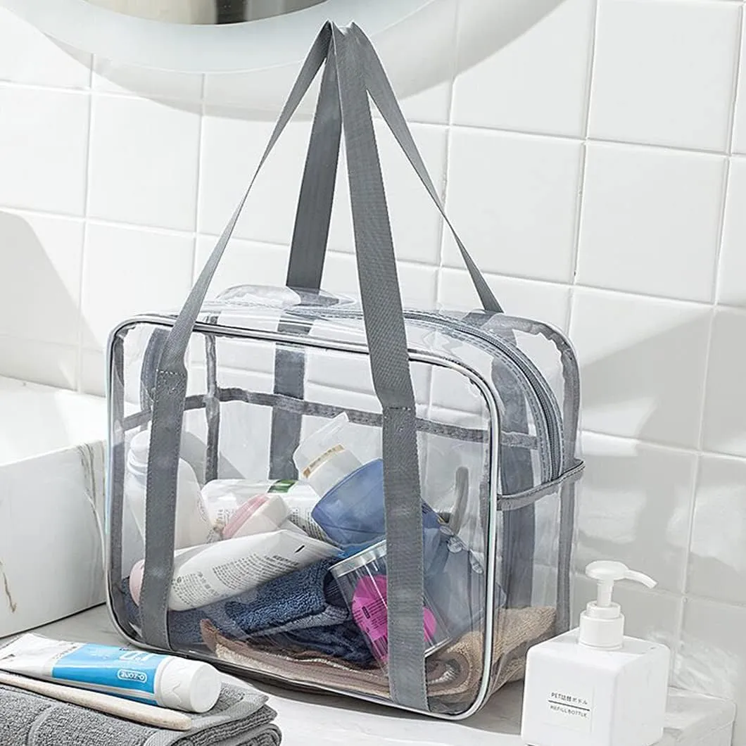 Clear Makeup Bags Large Travel Toiletry Bag for Women Transparent Bag Clear Cosmetic Bags with Handle Bathroom Organizer (Silver grey)